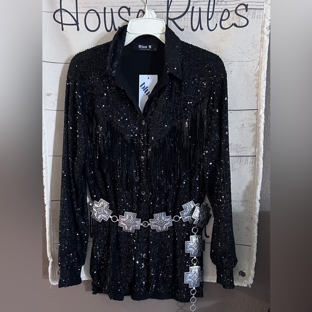 WESTERN MEDIUM BlueB collection. Sequin fringe shirt NWT BELT NOT INCLUDED ‼️